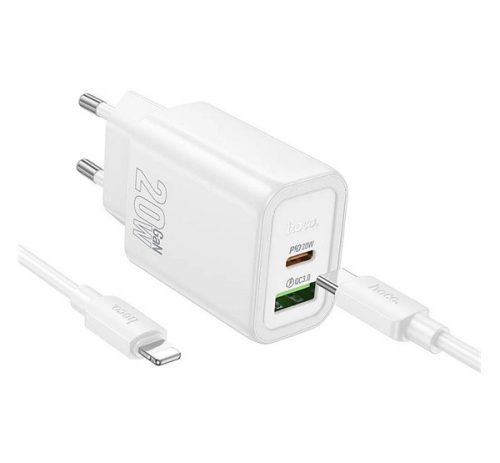 HOCO N61 hálózati töltő USB+Type-C aljzat (20W, PD gyorstöltő 3.0 + lightning kábel) FEHÉR