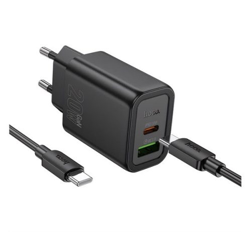 HOCO N61 hálózati töltő USB+Type-C aljzat (20W, PD gyorstöltő 3.0 + Type-C kábel) FEKETE