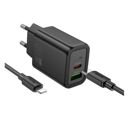 HOCO N63 hálózati töltő USB+Type-C aljzat (30W, PD gyorstöltő 3.0 + lightning kábel) FEKETE