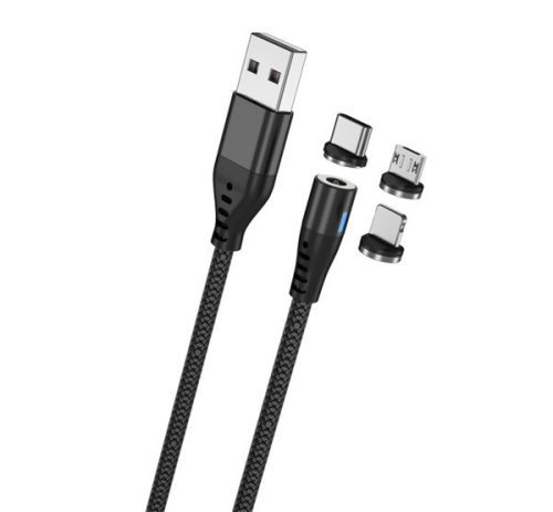 MAXLIFE töltőkábel 3in1 (USB - lightning/Type-C/microUSB, 100cm, mágneses) FEKETE