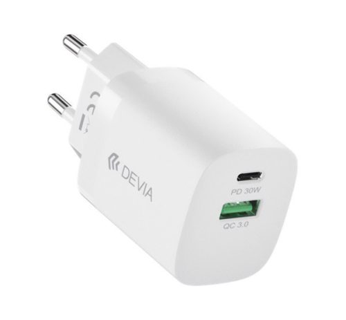 DEVIA SMART hálózati töltő USB+Type-C aljzat (30W, GaN, PD gyorstöltő) FEHÉR