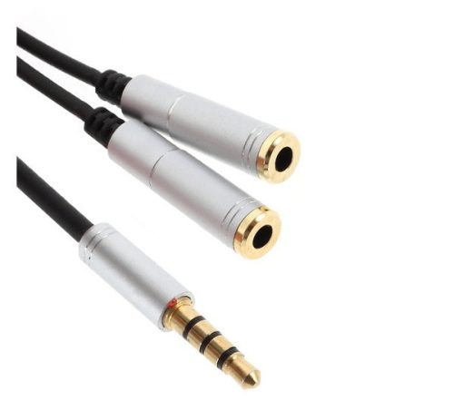 Audió adapter kábel (elosztó, 2 3.5mm jack aljzat - 3.5mm jack, 30cm) FEKETE/EZÜST