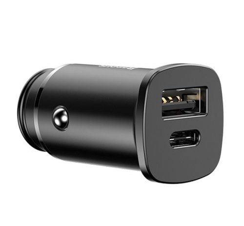 BASEUS SQUARE autós töltő USB+Type-C aljzat (30W, PD gyorstöltő 4.0) FEKETE