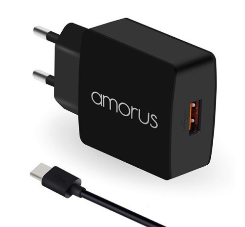 AMORUS K6 hálózati töltő USB aljzat (15W, PD gyorstöltő 3.0 + Type-C kábel) FEKETE