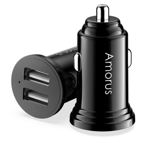 AMORUS autós töltő 2 USB aljzat (17W, gyorstöltő) FEKETE