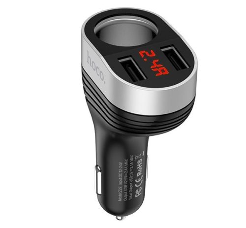 HOCO Z29 szivargyújtó adapter (elosztó, szivargyújtó+2 USB aljzat, 100W, LED) FEKETE