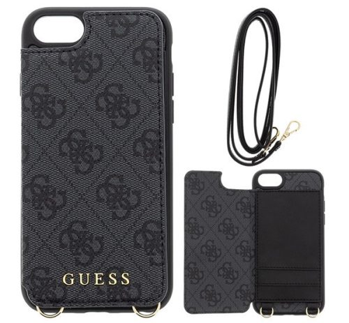 GUESS 4G Crossbody műanyag telefonvédő (kihajtható textil hátlap, kártyazseb + nyakpánt) SÖTÉTSZÜRKE