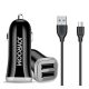 JOYROOM autós töltő 2 USB aljzat (15W, gyorstöltő + microUSB kábel) FEKETE