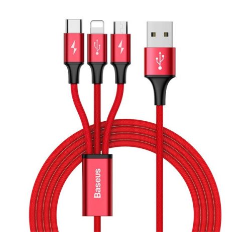 BASEUS RAPID töltőkábel 3in1 (lightning/microUSB/Type-C, 5V/3A, nylon, 120cm, cipőfűző) PIROS